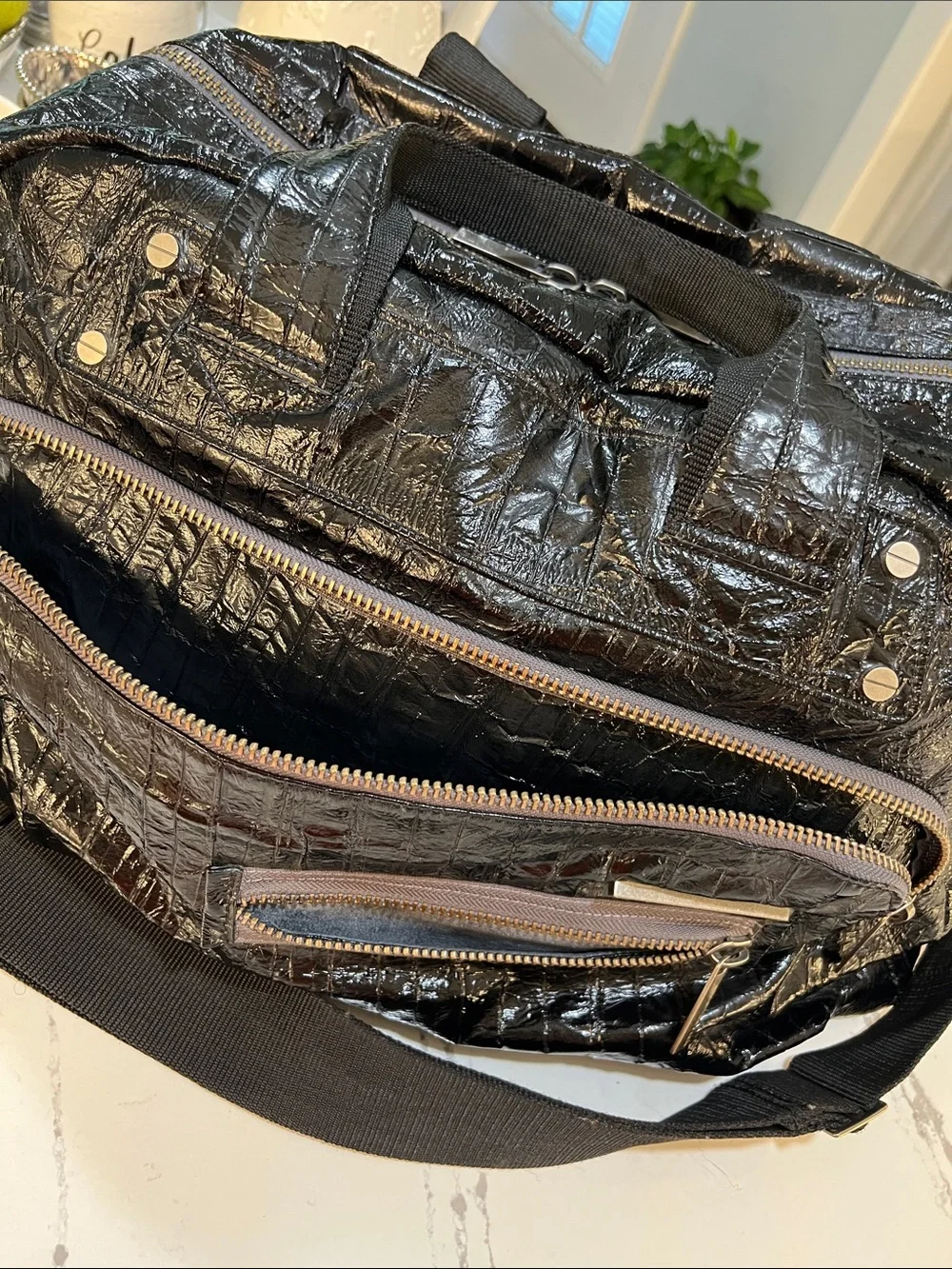 Matt & Nat Unisex Vegan Leather Black Glossy Textured Duffel W/Adjustable Strap